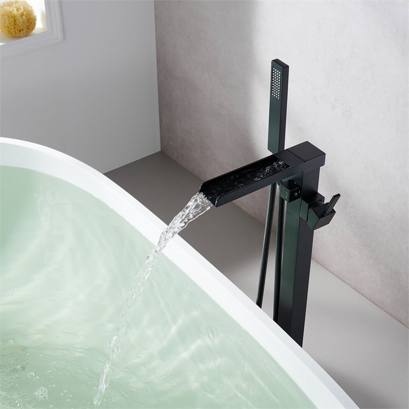Camino Radiant Brass Freestanding Tub Faucet in Matte Black with Handshower
