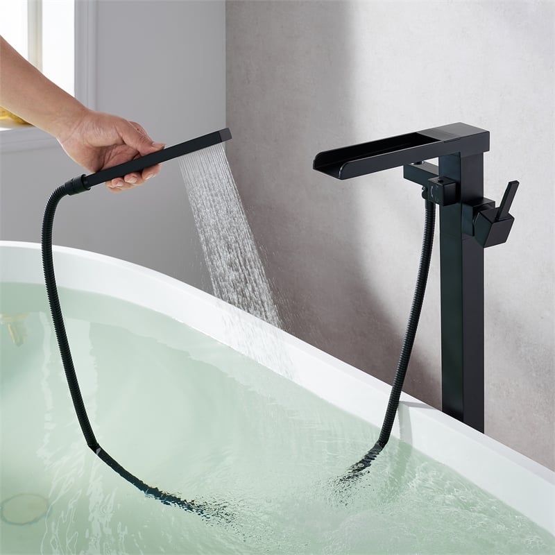 Camino Radiant Brass Freestanding Tub Faucet in Matte Black with Handshower