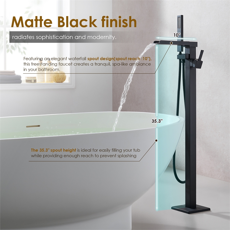 Camino Radiant Brass Freestanding Tub Faucet in Matte Black with Handshower