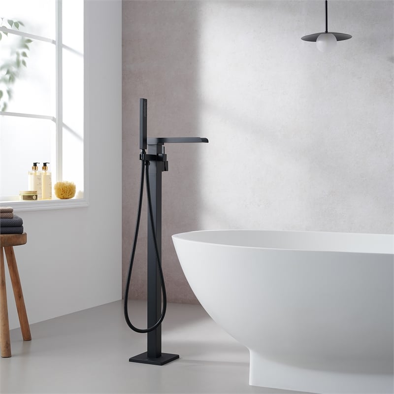 Camino Radiant Brass Freestanding Tub Faucet in Matte Black with Handshower