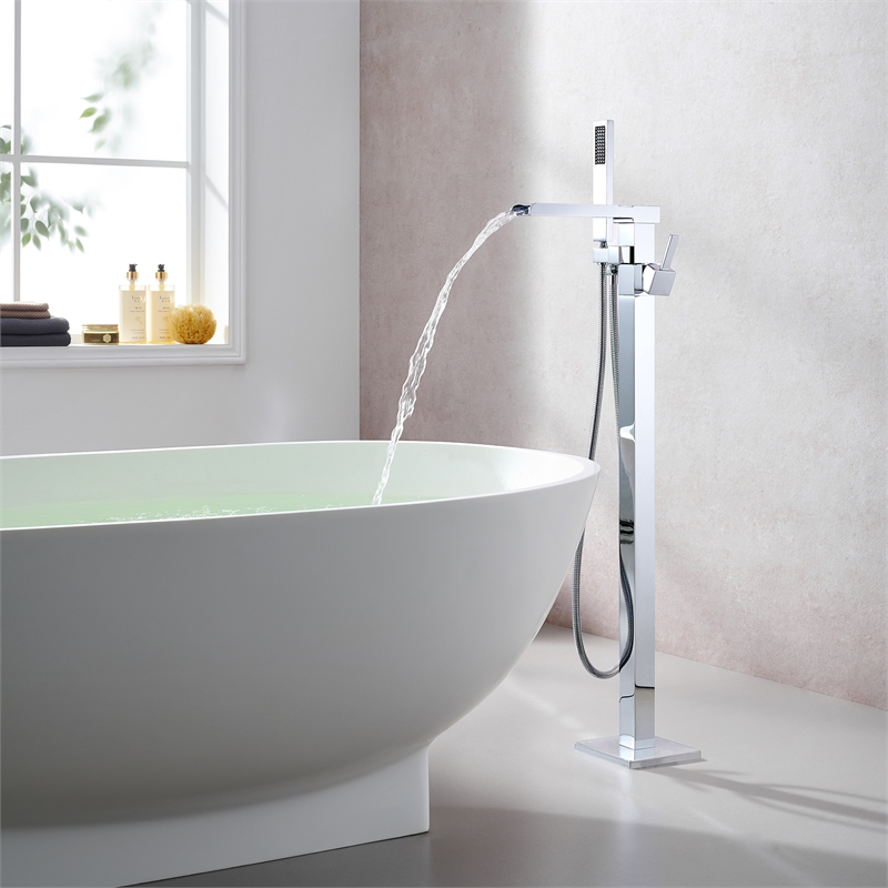 Camino Radiant Brass Freestanding Tub Faucet in Chrome with Handshower