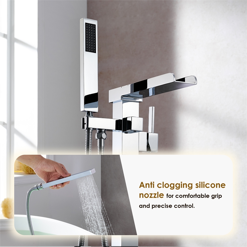 Camino Radiant Brass Freestanding Tub Faucet in Chrome with Handshower