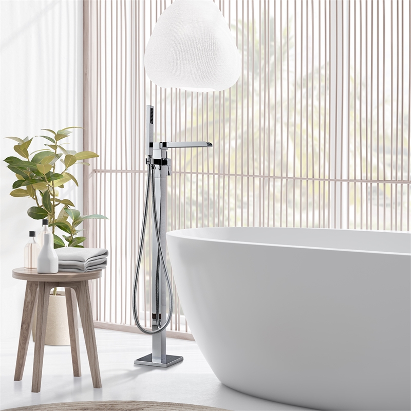 Camino Radiant Brass Freestanding Tub Faucet in Chrome with Handshower