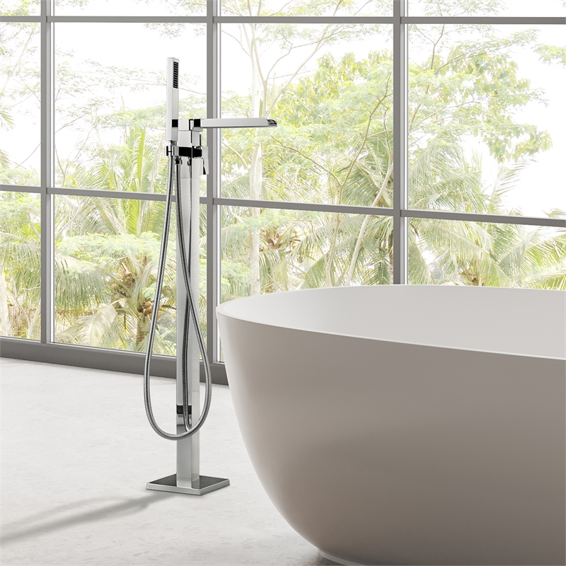 Camino Radiant Brass Freestanding Tub Faucet in Chrome with Handshower