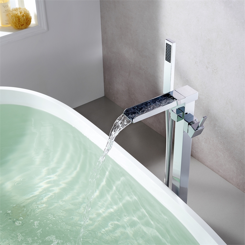Camino Radiant Brass Freestanding Tub Faucet in Chrome with Handshower