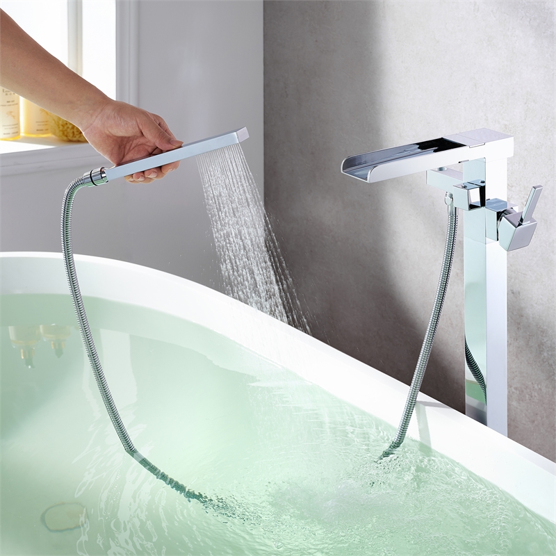 Camino Radiant Brass Freestanding Tub Faucet in Chrome with Handshower