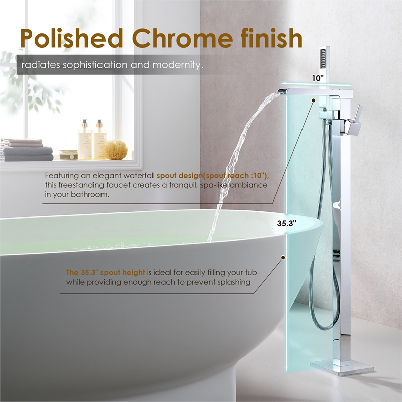 Camino Radiant Brass Freestanding Tub Faucet in Chrome with Handshower