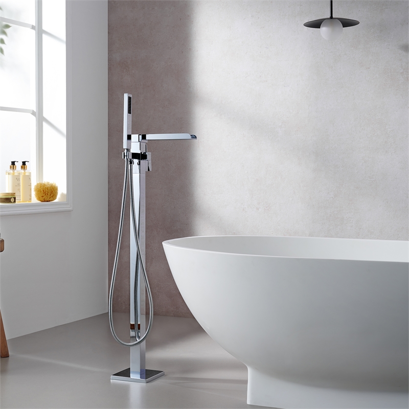Camino Radiant Brass Freestanding Tub Faucet in Chrome with Handshower