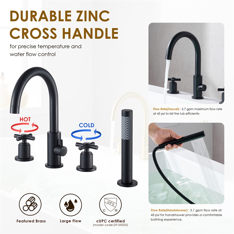 Sundale Brass Split Bathtub Faucet Four-Piece Set in Matte Black with Handshower