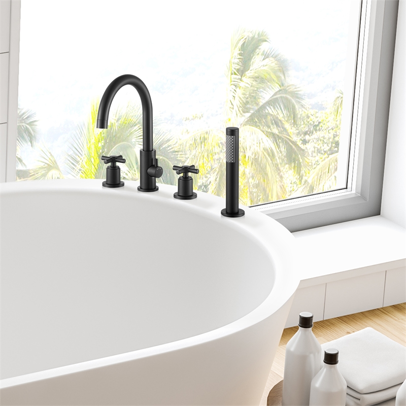 Sundale Brass Split Bathtub Faucet Four-Piece Set in Matte Black with Handshower