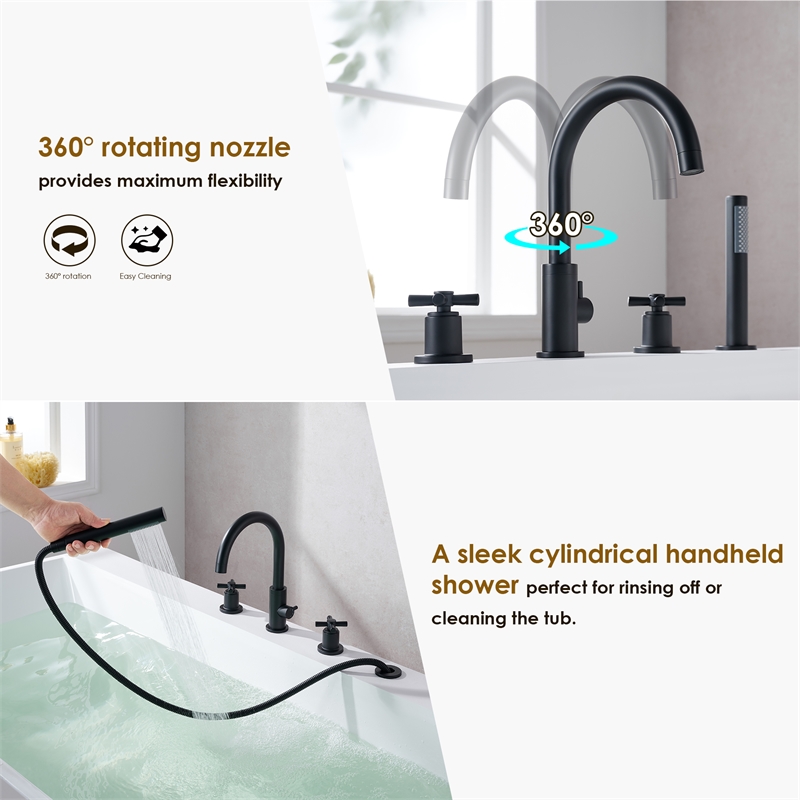 Sundale Brass Split Bathtub Faucet Four-Piece Set in Matte Black with Handshower