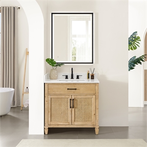 Salome 36&quot Brown Wood Vanity in Weathered Fir Engineered Stone Top with Mirror
