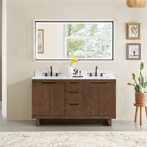 Mowry 60&quot Wood Vanity in Brown Brushed Oak Engineered Stone Top with Mirror