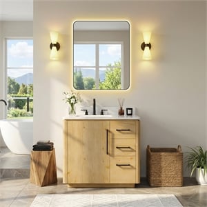 Serene 36&quot Wood Vanity in Nature Brown Engineered Stone Top no Mirror