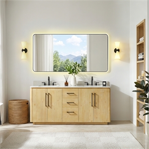 Serene 72&quot Wood Vanity in Nature Brown Engineered Stone Top no Mirror