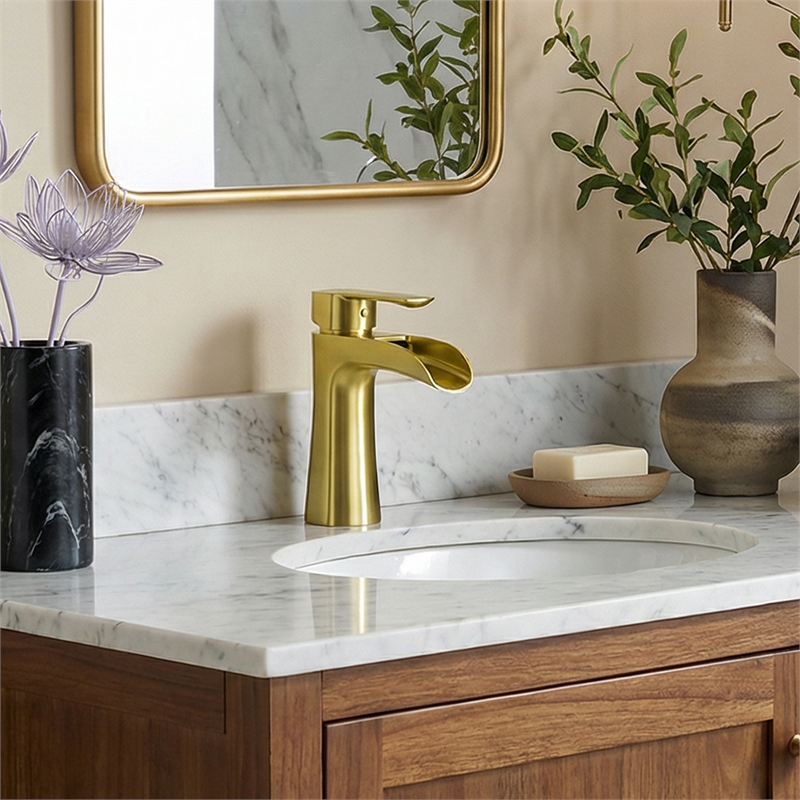 Single Hole Single-Handle Brass Waterfall Bathroom Faucet in Brushed Gold