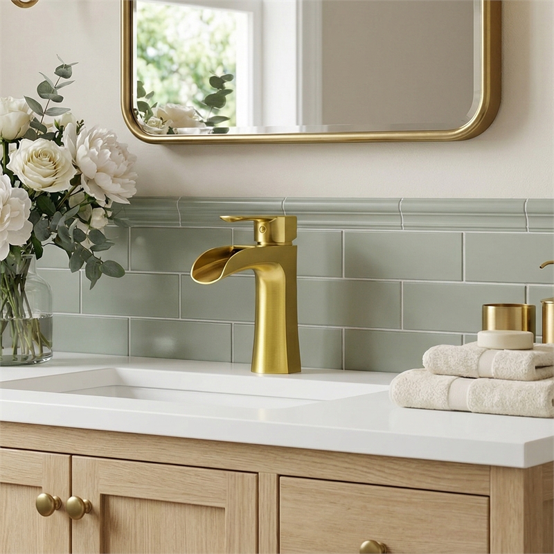 Single Hole Single-Handle Brass Waterfall Bathroom Faucet in Brushed Gold