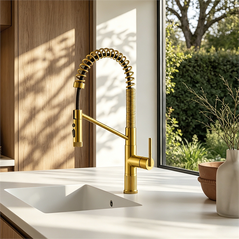 Nette Single-Handle Brass Kitchen Faucet with Pull Down Sprayer in Brushed Gold