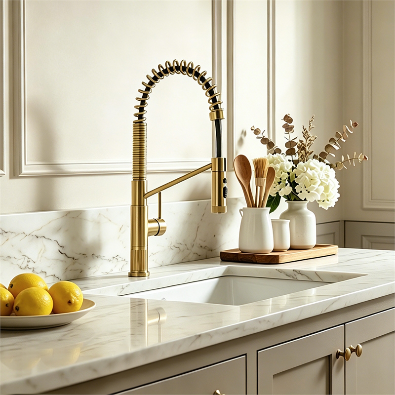 Nette Single-Handle Brass Kitchen Faucet with Pull Down Sprayer in Brushed Gold