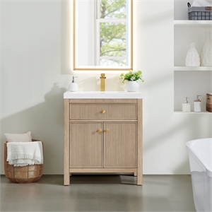 Cerrito 30&quot Natural Oak Wood Vanity Engineered Stone Integrated Sink no Mirror