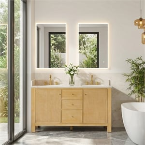 Cedar 60&quot Wood Vanity in Natural Wood Grain Engineered Stone Top no Mirror