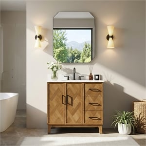 Clara 36&quot  Wood Vanity in Weathered Brown with Calacatta Quartz Top No Mirror