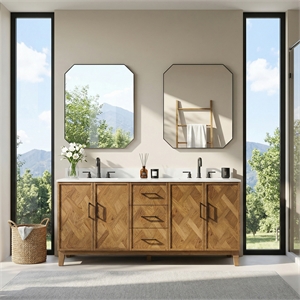 Clara 72&quot  Wood Vanity in Weathered Brown with Calacatta Quartz Top No Mirror