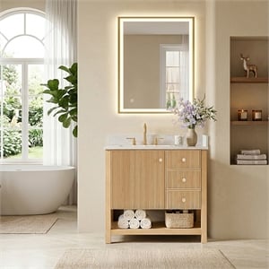 Cecil 36&quot Wood Vanity in White Oak with White Engineered Stone Top No Mirror