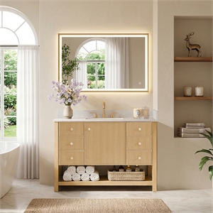 Cecil 48&quot Wood Vanity in White Oak with White Engineered Stone Top No Mirror