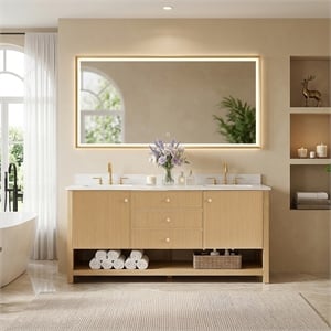 Cecil 72&quot Wood Vanity in White Oak with White Engineered Stone Top No Mirror