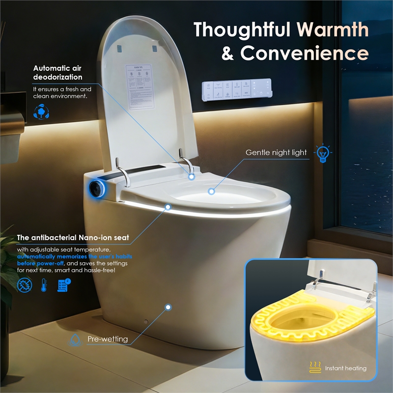 Marcel White Ceramic Smart Toilet with Tankless Flush Bidet Wash Auto Flush