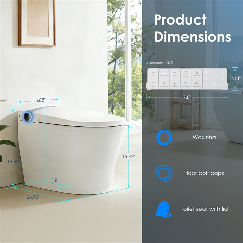 Marcel White Ceramic Smart Toilet with Tankless Flush Bidet Wash Auto Flush