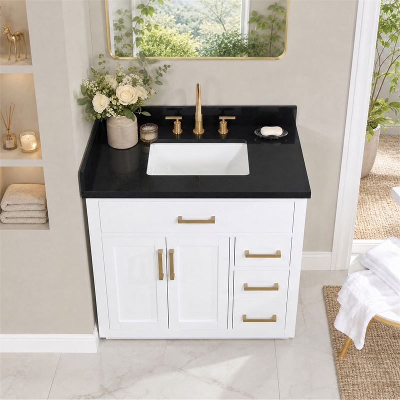 Bravon 37. in Marble Vanity Top in Black Galaxy with White Sink