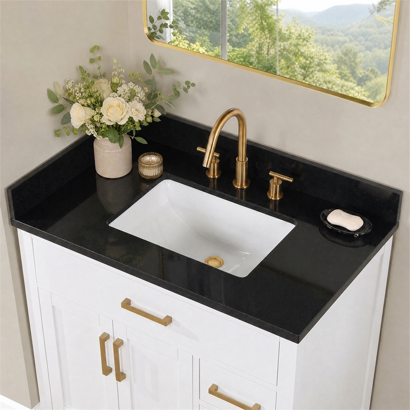 Bravon 37. in Marble Vanity Top in Black Galaxy with White Sink