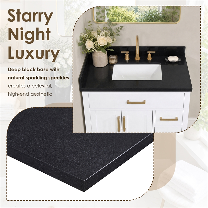 Bravon 37. in Marble Vanity Top in Black Galaxy with White Sink