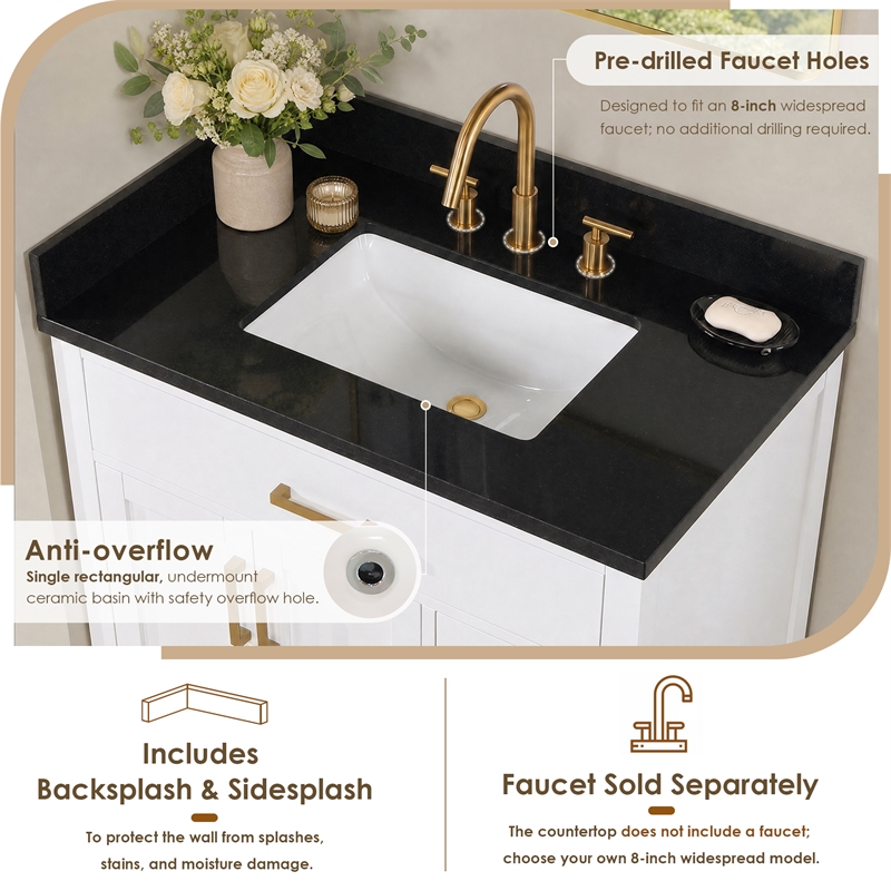 Bravon 37. in Marble Vanity Top in Black Galaxy with White Sink