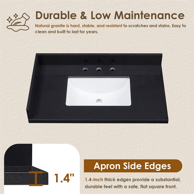 Bravon 37. in Marble Vanity Top in Black Galaxy with White Sink