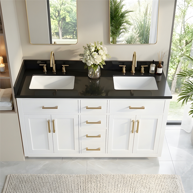 Bravon 61. in Granite Vanity Top in Black Galaxy with White Double Sink