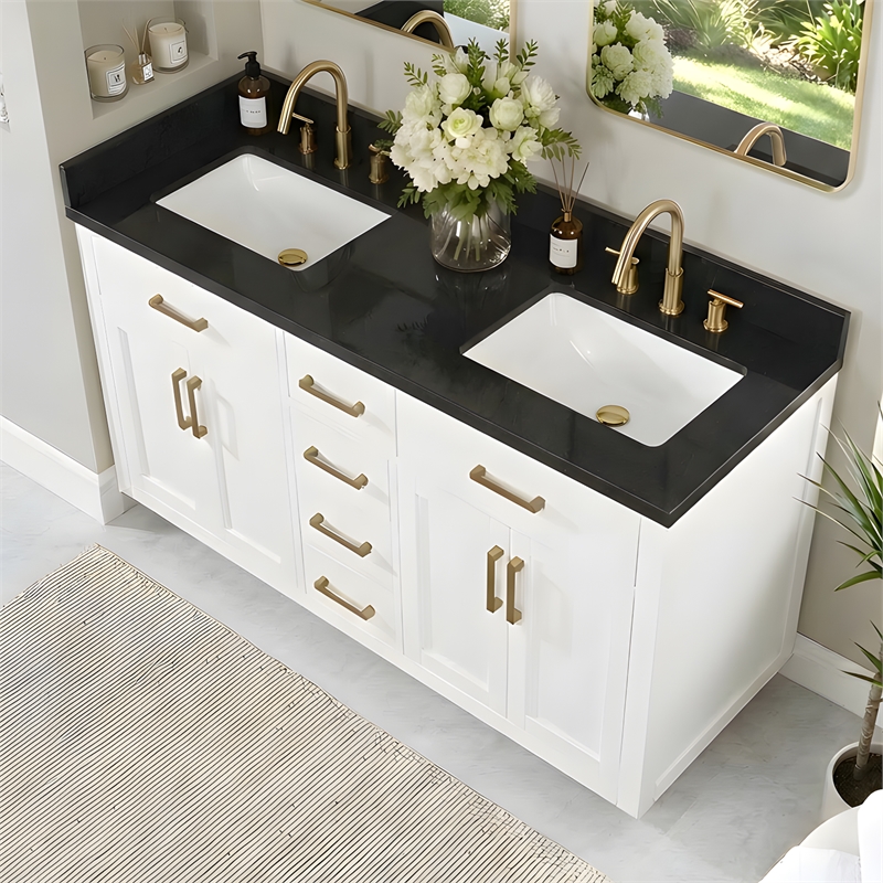 Bravon 61. in Granite Vanity Top in Black Galaxy with White Double Sink