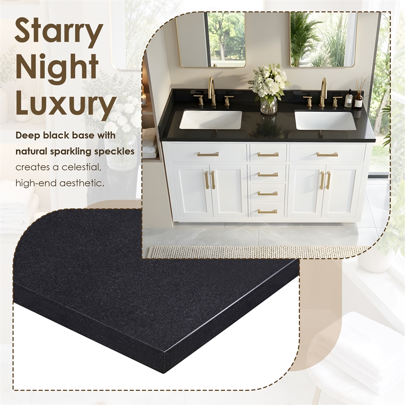 Bravon 61. in Granite Vanity Top in Black Galaxy with White Double Sink