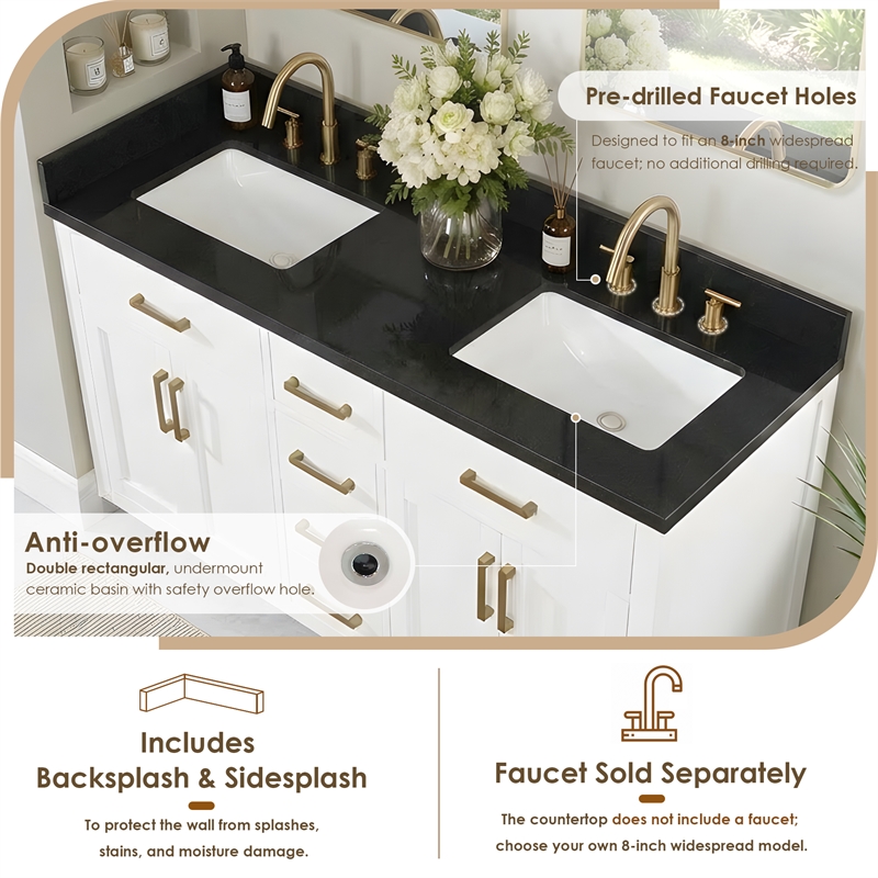 Bravon 61. in Granite Vanity Top in Black Galaxy with White Double Sink