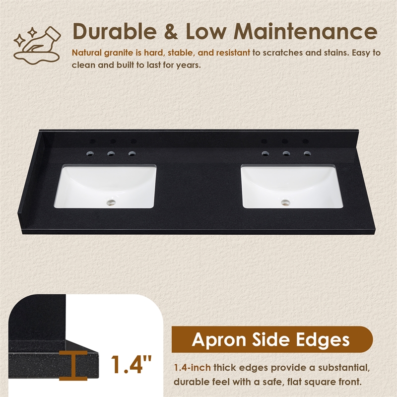 Bravon 61. in Granite Vanity Top in Black Galaxy with White Double Sink
