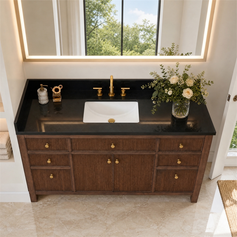 Bravon 61. in Granite Vanity Top in Black Galaxy with White Single Sink