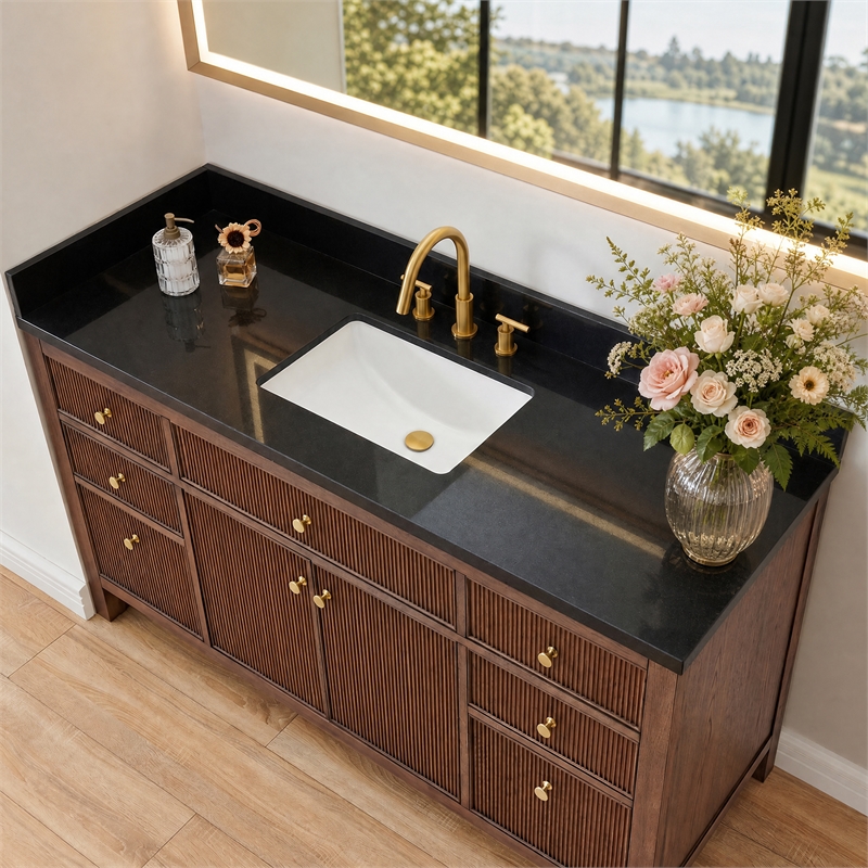 Bravon 61. in Granite Vanity Top in Black Galaxy with White Single Sink
