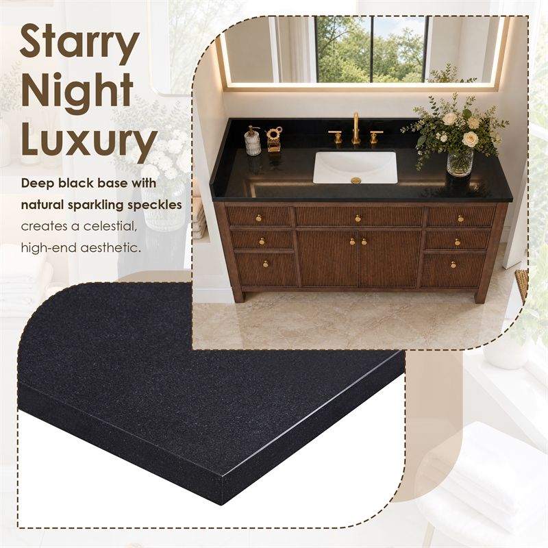 Bravon 61. in Granite Vanity Top in Black Galaxy with White Single Sink