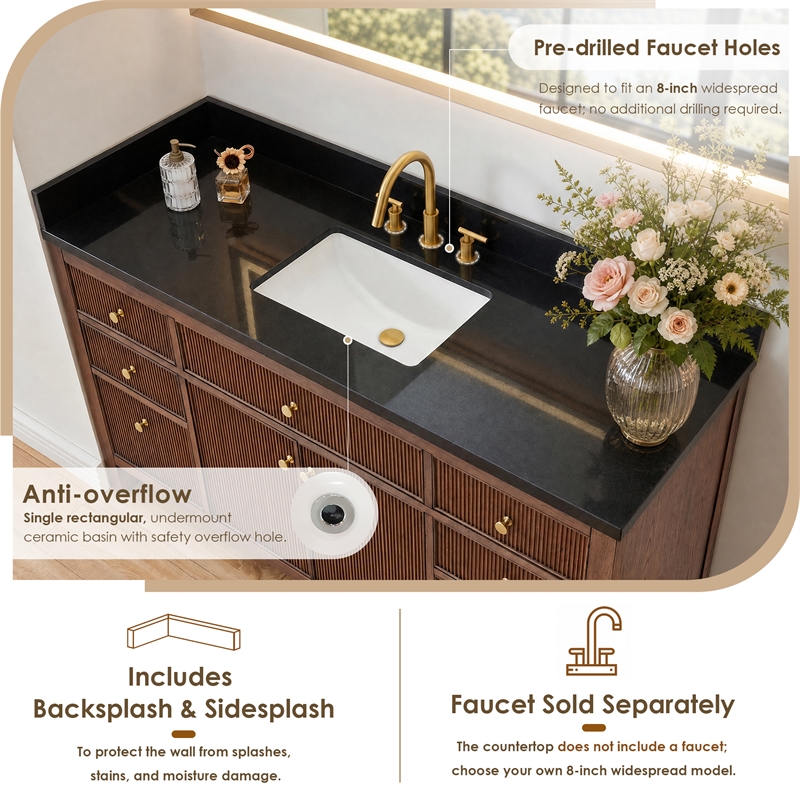 Bravon 61. in Granite Vanity Top in Black Galaxy with White Single Sink