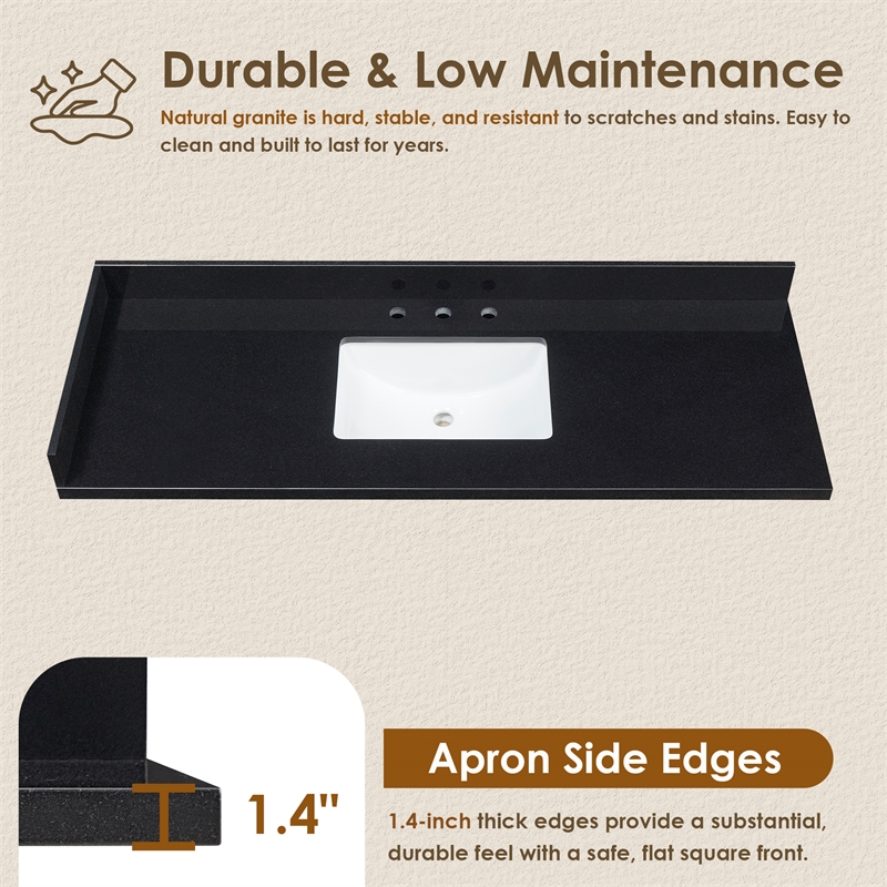 Bravon 61. in Granite Vanity Top in Black Galaxy with White Single Sink