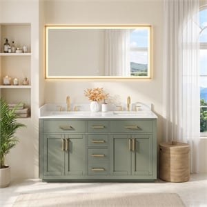 Ivy 60&quotWood Vanity Set in Vintage Green and White Engineered Stone Top No Mirror