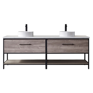 Vinnova Murica 84&quot White Top and Vessel Sink Double Vanity Mexican Oak No Mirror