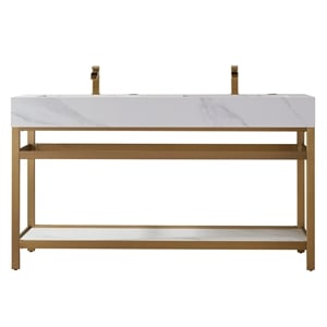 Vinnova Bilbao 60&quot White Stone Top Double Vanity Brushed Gold Frame w/o Mirror